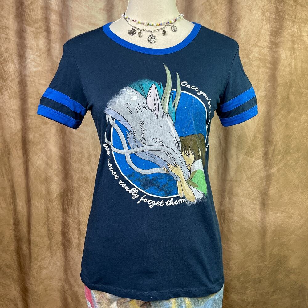 Spirited Away Ringer T-Shirt 2001 Studio Ghibli Graphic Tee Navy Blue Y2K Anime